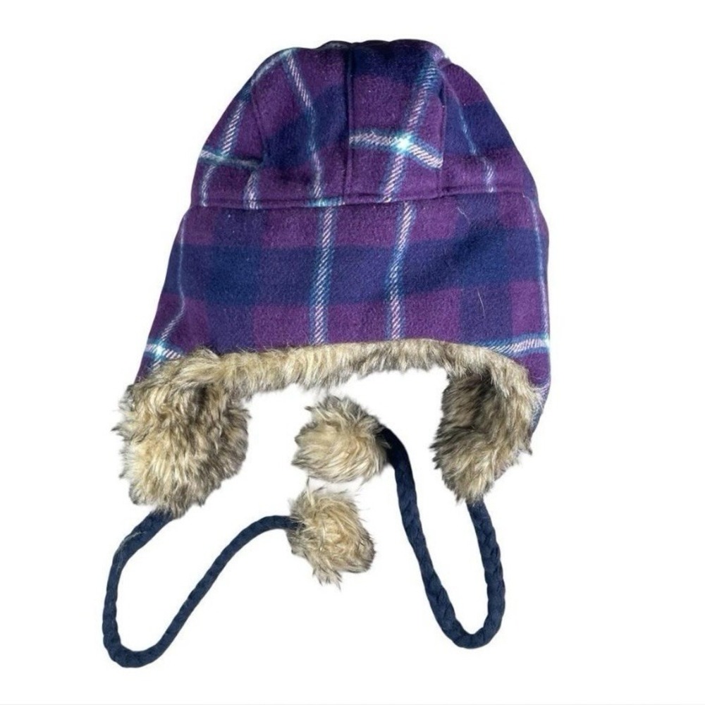 American Eagle Trapper Hat Winter Warm Ear Faux Fur Lined Purple Plaid Y2k - Picture 4 of 6